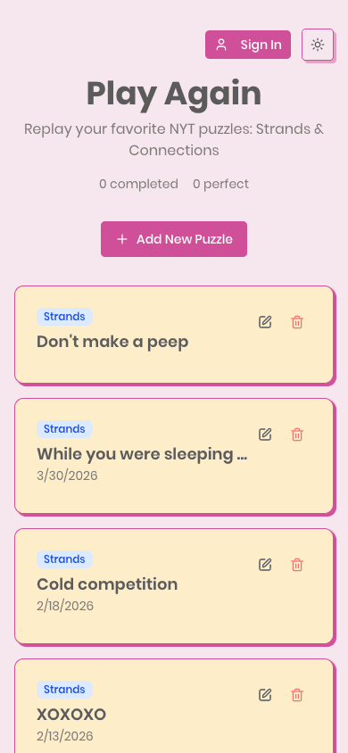 Play Again - replay your favorite NYT puzzles
